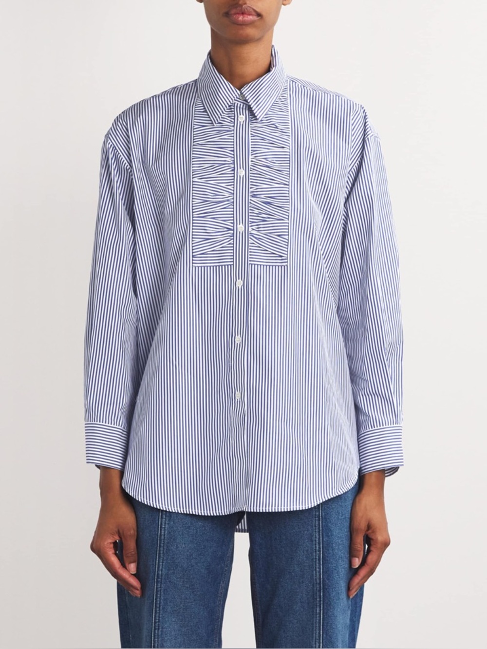 Sandro Blue and White Striped Pleated Bow Button Down Shirt